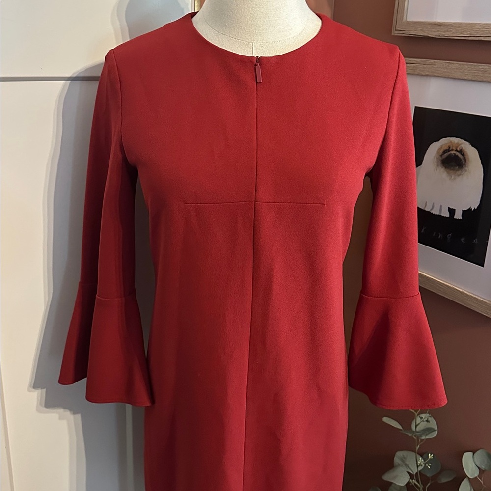 Tibi Brick Red Bell Sleeve Mini 0 Lined Dual Zippers Shift Polyester Blend Dress View 4